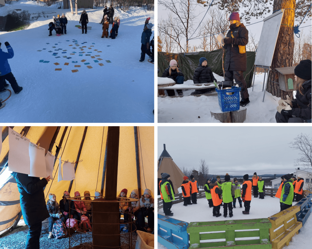 Collage med fyra bilder från en vinteraktivitet utomhus. Barn och vuxna deltar i olika aktiviteter i en snötäckt miljö. I en bild ligger färgglada kort utlagda i snön, i en annan leder en vuxen en aktivitet framför en grupp barn. De två nedersta bilderna visar barn samlade i ett uppvärmt tält samt en grupp barn i färgglada västar utomhus.